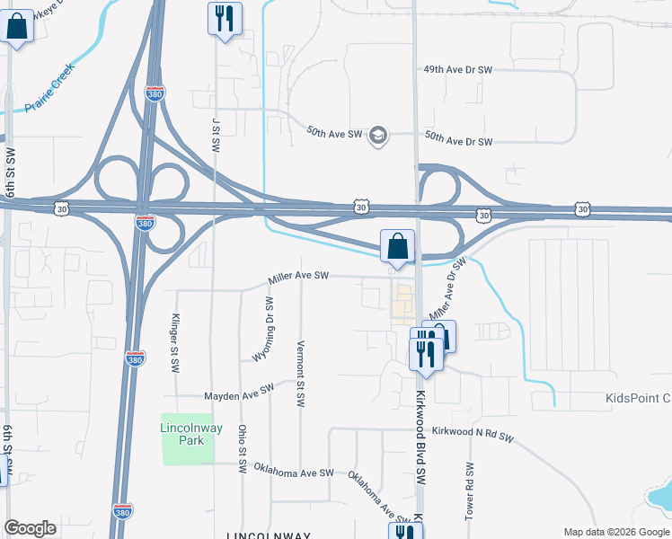 map of restaurants, bars, coffee shops, grocery stores, and more near 72 Miller Avenue Southwest in Cedar Rapids