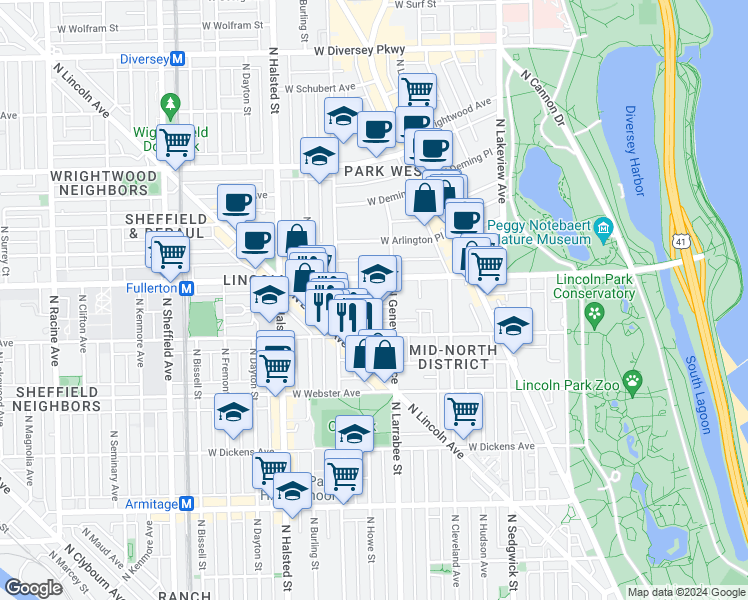 map of restaurants, bars, coffee shops, grocery stores, and more near 618 West Kemper Place in Chicago