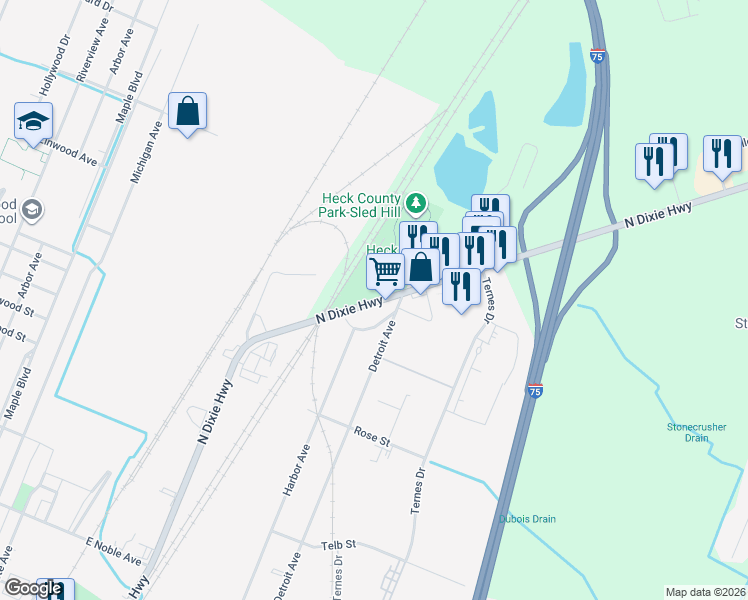map of restaurants, bars, coffee shops, grocery stores, and more near 1090 North Dixie Highway in Monroe