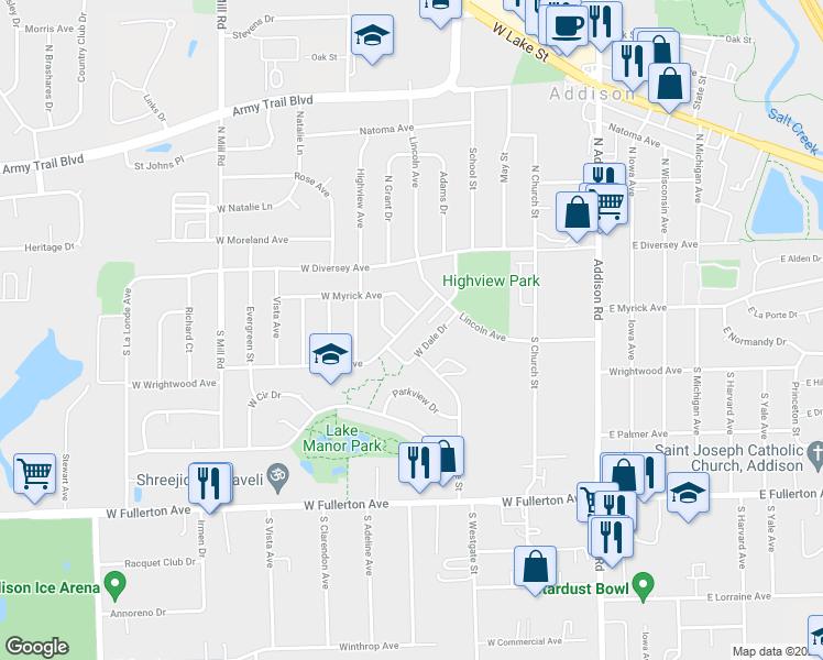 map of restaurants, bars, coffee shops, grocery stores, and more near 325 Park Avenue in Addison