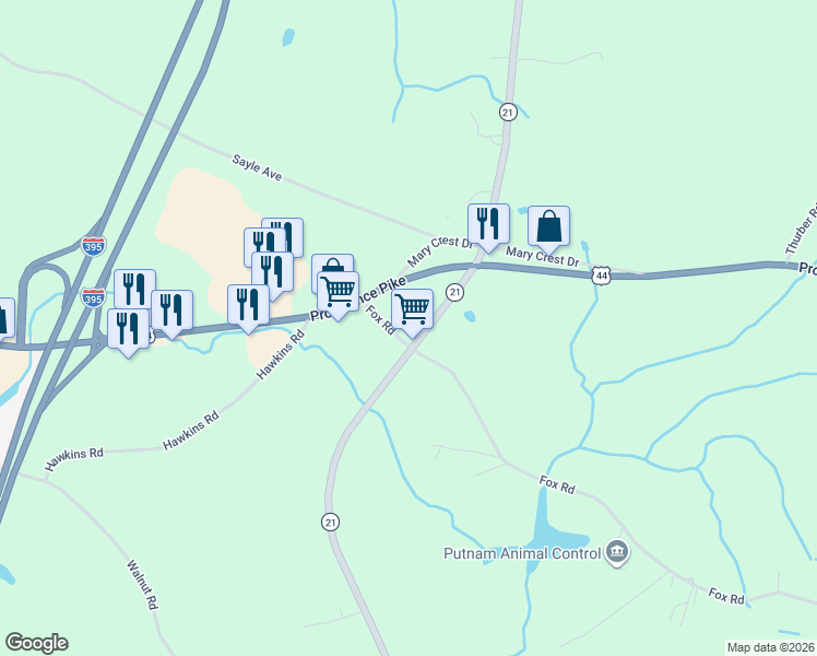 map of restaurants, bars, coffee shops, grocery stores, and more near 554 Liberty Highway in Putnam