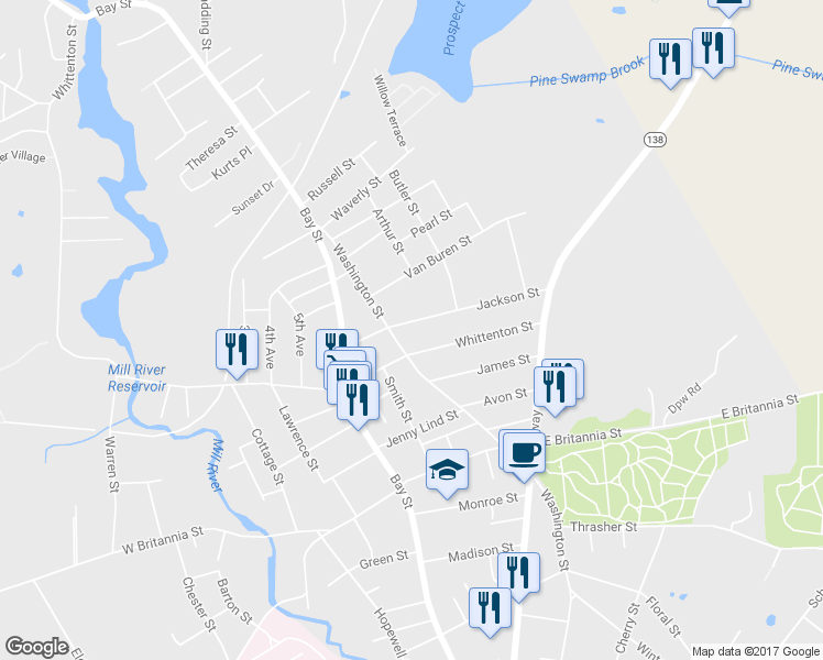 map of restaurants, bars, coffee shops, grocery stores, and more near 27 Jackson Street in Taunton