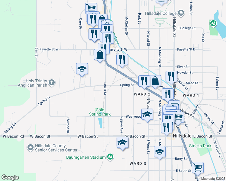 map of restaurants, bars, coffee shops, grocery stores, and more near 87 Lewis Street in Hillsdale