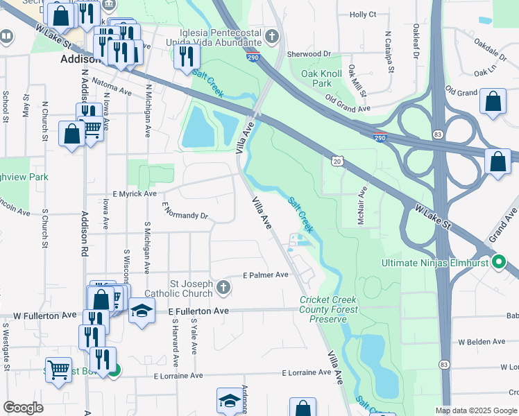map of restaurants, bars, coffee shops, grocery stores, and more near 122 Villa Avenue in Addison