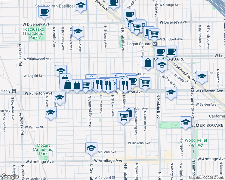 map of restaurants, bars, coffee shops, grocery stores, and more near 3521 West Fullerton Avenue in Chicago