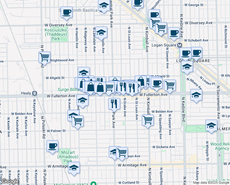 map of restaurants, bars, coffee shops, grocery stores, and more near 3554 West Fullerton Avenue in Chicago