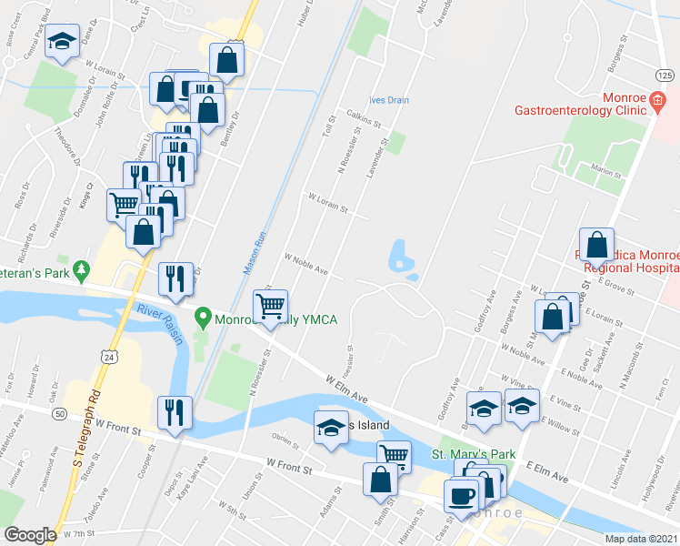 map of restaurants, bars, coffee shops, grocery stores, and more near 848 West Noble Avenue in Monroe