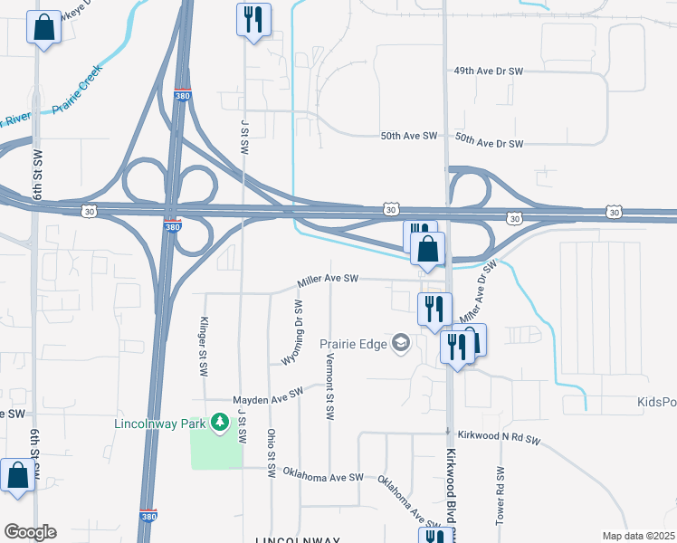 map of restaurants, bars, coffee shops, grocery stores, and more near 5345 Vermont Street Southwest in Cedar Rapids