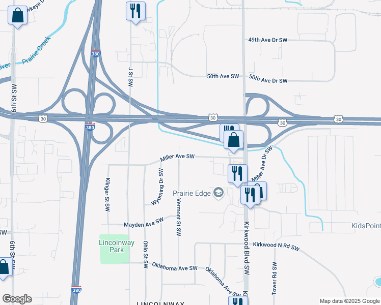 map of restaurants, bars, coffee shops, grocery stores, and more near 80 Miller Avenue Southwest in Cedar Rapids