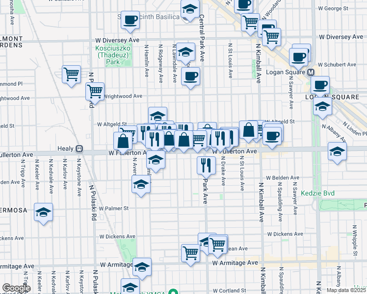 map of restaurants, bars, coffee shops, grocery stores, and more near 3554 West Fullerton Avenue in Chicago