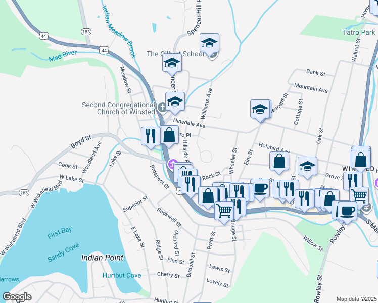 map of restaurants, bars, coffee shops, grocery stores, and more near 45 Hillside Avenue in Winsted