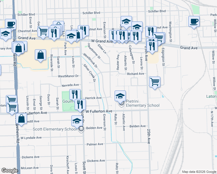 map of restaurants, bars, coffee shops, grocery stores, and more near 2535 Westbrook Drive in Franklin Park