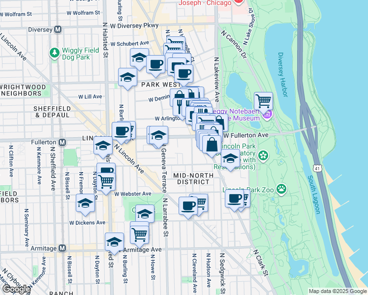 map of restaurants, bars, coffee shops, grocery stores, and more near 513 West Fullerton Parkway in Chicago