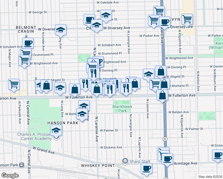 map of restaurants, bars, coffee shops, grocery stores, and more near 5101 West Montana Street in Chicago