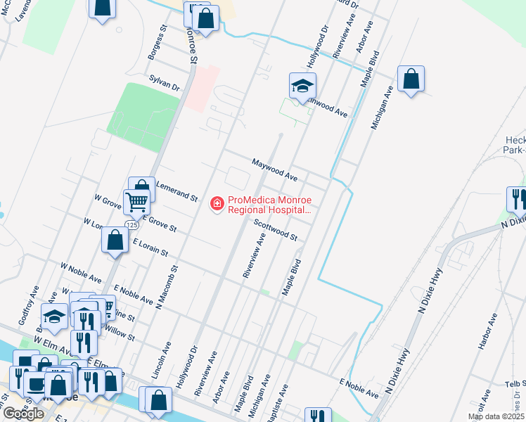 map of restaurants, bars, coffee shops, grocery stores, and more near 430 Parkwood Street in Monroe