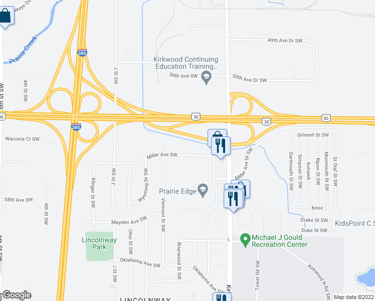 map of restaurants, bars, coffee shops, grocery stores, and more near 72 Miller Avenue Southwest in Cedar Rapids