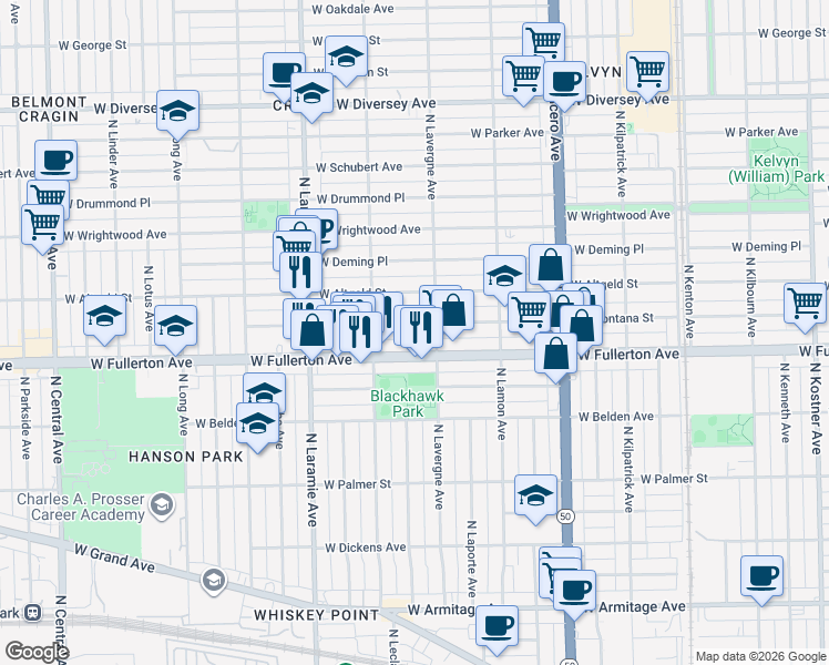 map of restaurants, bars, coffee shops, grocery stores, and more near 5005 West Montana Street in Chicago