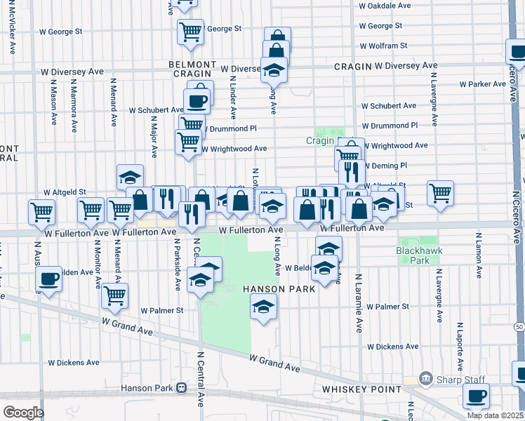 map of restaurants, bars, coffee shops, grocery stores, and more near 2431 North Lotus Avenue in Chicago