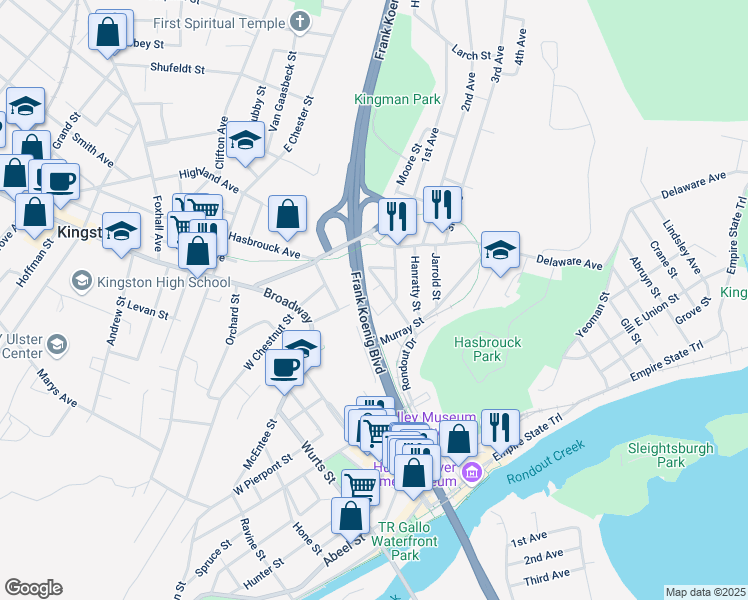 map of restaurants, bars, coffee shops, grocery stores, and more near 93 Newkirk Avenue in Kingston