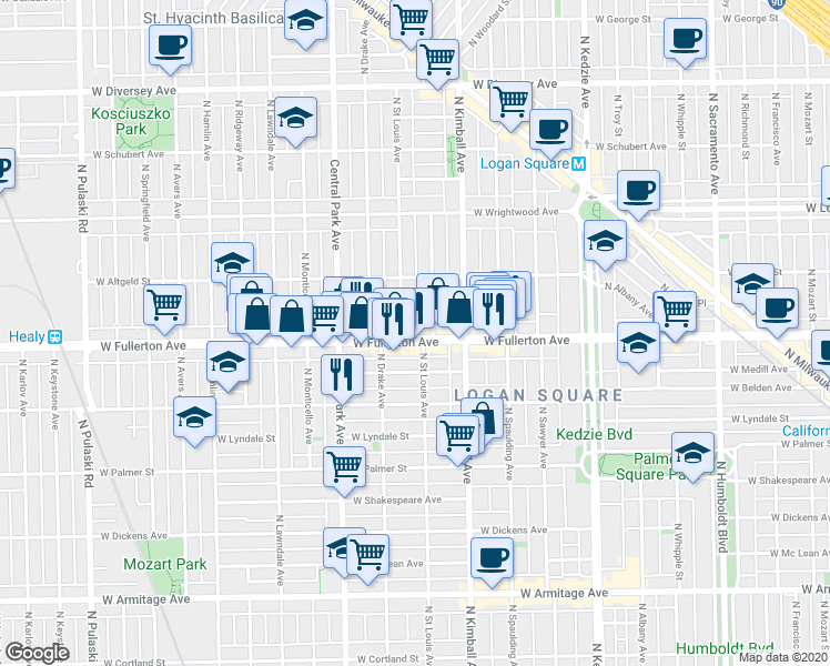 map of restaurants, bars, coffee shops, grocery stores, and more near 3446 West Fullerton Avenue in Chicago