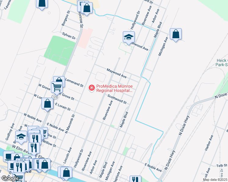 map of restaurants, bars, coffee shops, grocery stores, and more near 430 Parkwood Street in Monroe