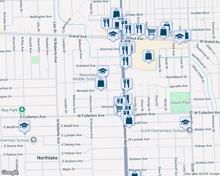 map of restaurants, bars, coffee shops, grocery stores, and more near 10422 Nevada Avenue in Melrose Park
