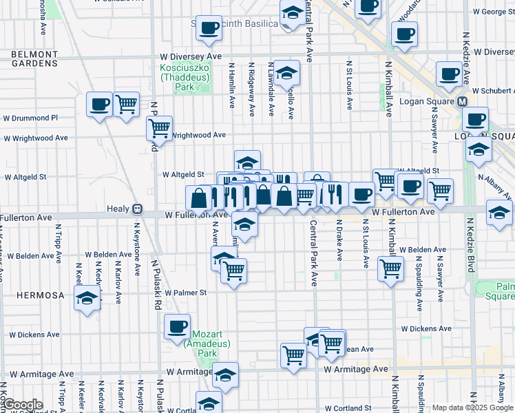 map of restaurants, bars, coffee shops, grocery stores, and more near 3724 West Fullerton Avenue in Chicago
