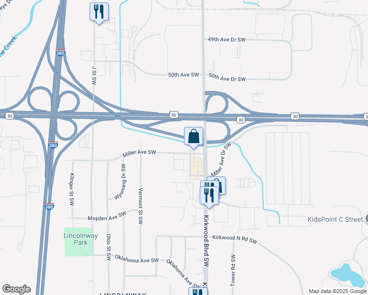 map of restaurants, bars, coffee shops, grocery stores, and more near 64 Miller Avenue Southwest in Cedar Rapids