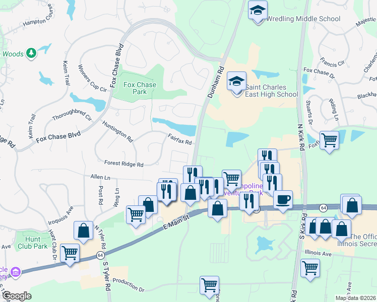 map of restaurants, bars, coffee shops, grocery stores, and more near 802 Derby Course in St. Charles