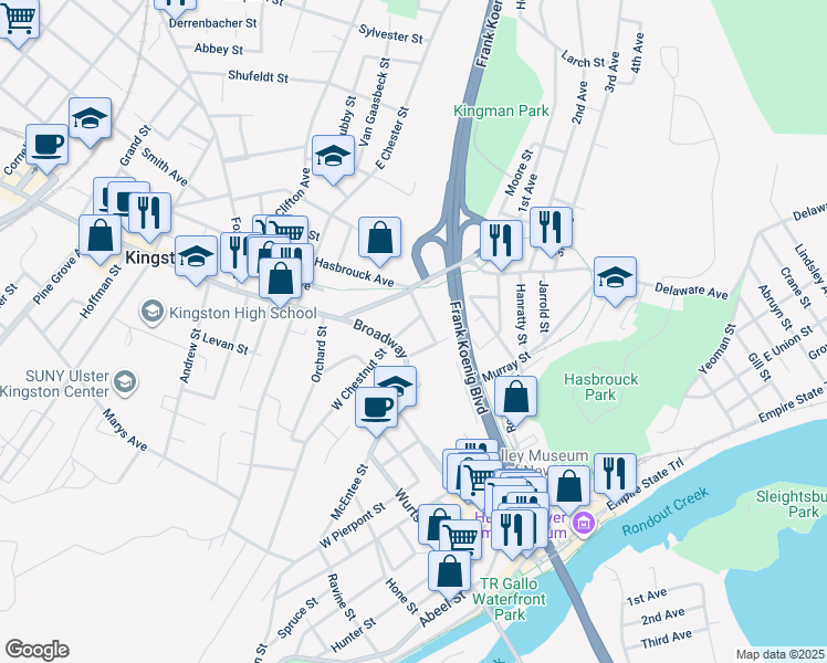 map of restaurants, bars, coffee shops, grocery stores, and more near 30 East Chestnut Street in Kingston