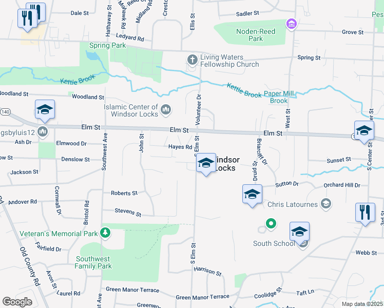 map of restaurants, bars, coffee shops, grocery stores, and more near 23 South Elm Street in Windsor Locks