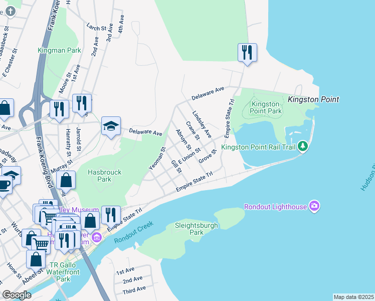 map of restaurants, bars, coffee shops, grocery stores, and more near 283 East Union Street in Kingston