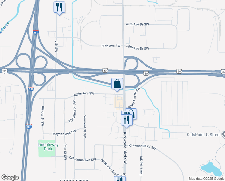 map of restaurants, bars, coffee shops, grocery stores, and more near 60 Miller Avenue Southwest in Cedar Rapids