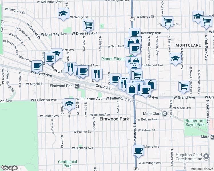 map of restaurants, bars, coffee shops, grocery stores, and more near 7360 Grand Avenue in Elmwood Park