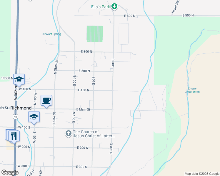 map of restaurants, bars, coffee shops, grocery stores, and more near 277 East 100 North in Richmond