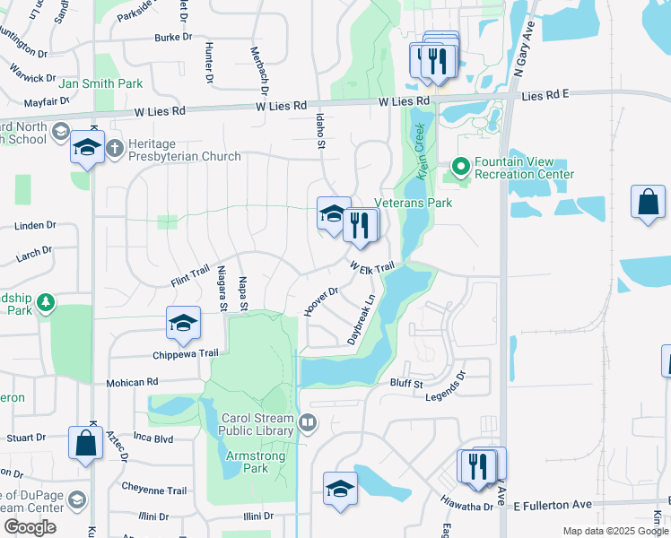 map of restaurants, bars, coffee shops, grocery stores, and more near 794 Hoover Drive in Carol Stream