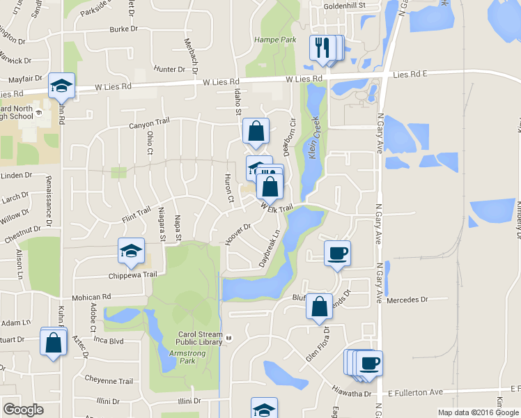 map of restaurants, bars, coffee shops, grocery stores, and more near 794 Hoover Drive in Carol Stream