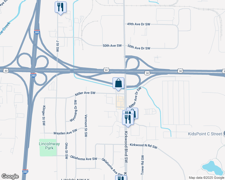 map of restaurants, bars, coffee shops, grocery stores, and more near 60 Miller Avenue Southwest in Cedar Rapids