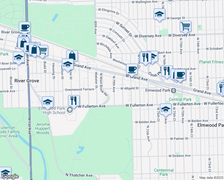 map of restaurants, bars, coffee shops, grocery stores, and more near 2446 North 79th Avenue in Elmwood Park