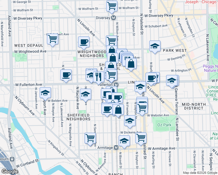 map of restaurants, bars, coffee shops, grocery stores, and more near 1237 West Fullerton Avenue in Chicago