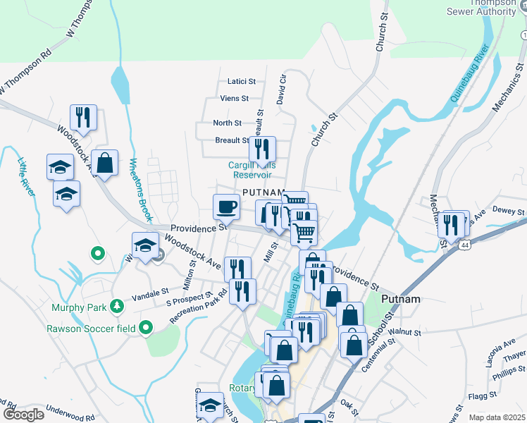 map of restaurants, bars, coffee shops, grocery stores, and more near 95 Van Den Noort Street in Putnam