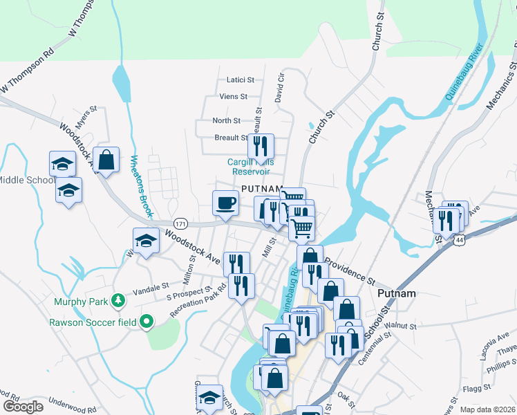 map of restaurants, bars, coffee shops, grocery stores, and more near 95 Van Den Noort Street in Putnam