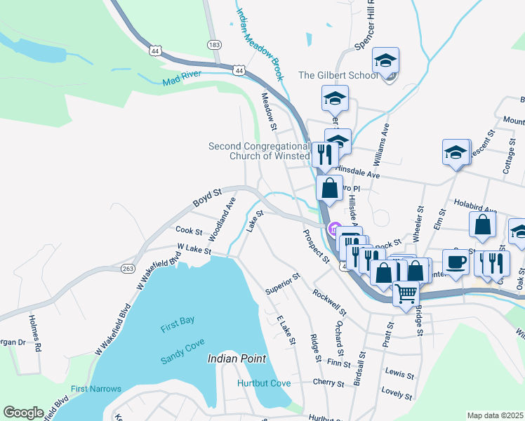 map of restaurants, bars, coffee shops, grocery stores, and more near 100 Lake Street in Winsted