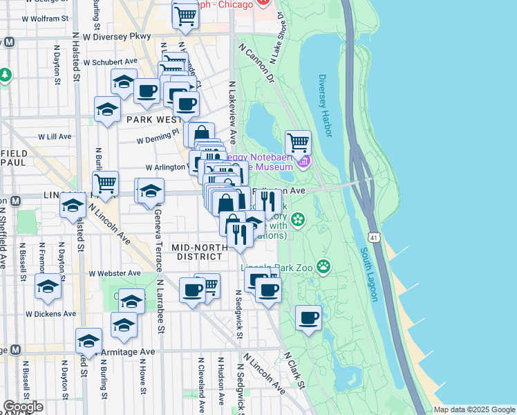 map of restaurants, bars, coffee shops, grocery stores, and more near 2329 North Commonwealth Avenue in Chicago