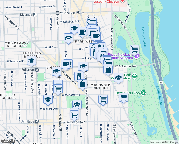 map of restaurants, bars, coffee shops, grocery stores, and more near 559 West Fullerton Avenue in Chicago