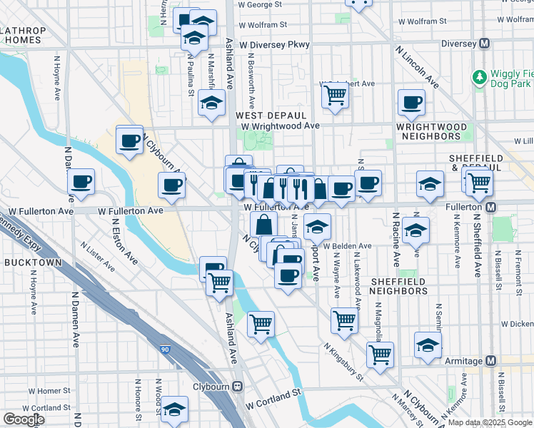 map of restaurants, bars, coffee shops, grocery stores, and more near 1524 West Fullerton Avenue in Chicago