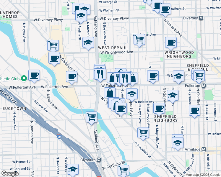 map of restaurants, bars, coffee shops, grocery stores, and more near 1524 West Fullerton Avenue in Chicago