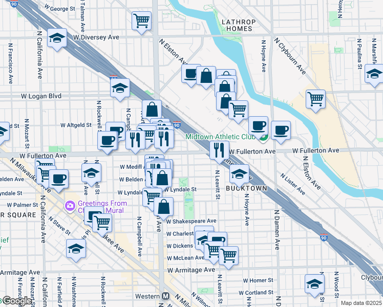 map of restaurants, bars, coffee shops, grocery stores, and more near 2400 North Oakley Avenue in Chicago