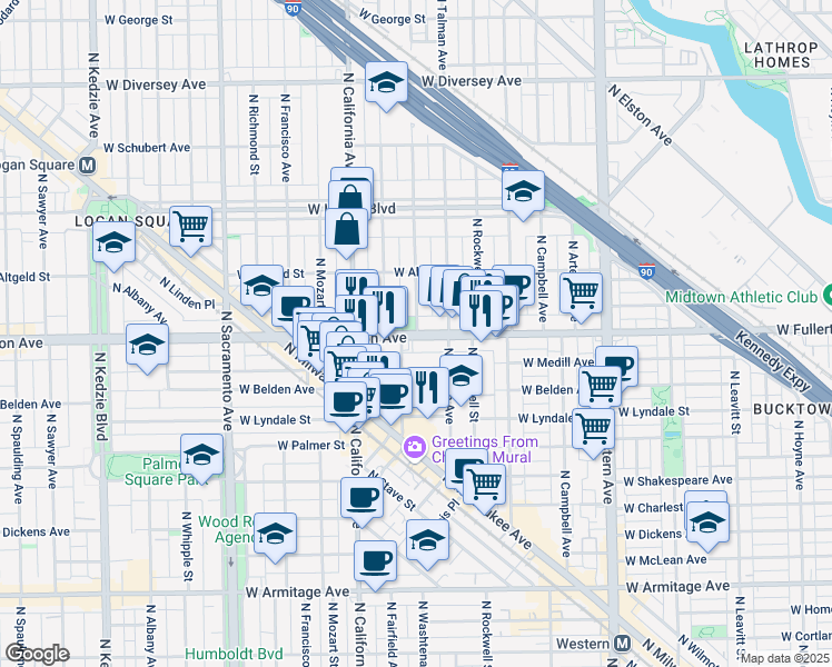 map of restaurants, bars, coffee shops, grocery stores, and more near 2648 West Fullerton Avenue in Chicago