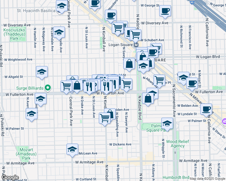 map of restaurants, bars, coffee shops, grocery stores, and more near 3302 West Fullerton Avenue in Chicago